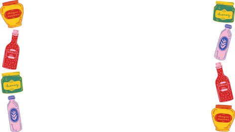 Colorful sketch-style condiment border on transparent background