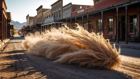 Tumbleweed rolling through deserted old western town