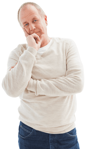 Transparent image of mature man pondering with hand on chin
