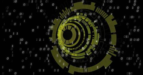 Glowing neon olive circular hud displaying floating binary data
