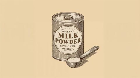 Vintage milk powder tin with scoop on beige background