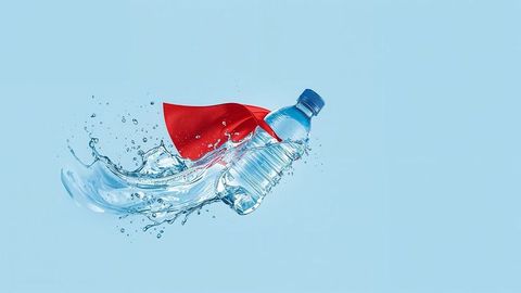 Superhero water bottle flying with red cape and splash