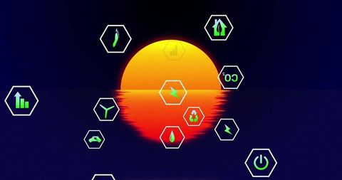 Vibrant orange sun with environmental icons symbolizing sustainability, renewable energy