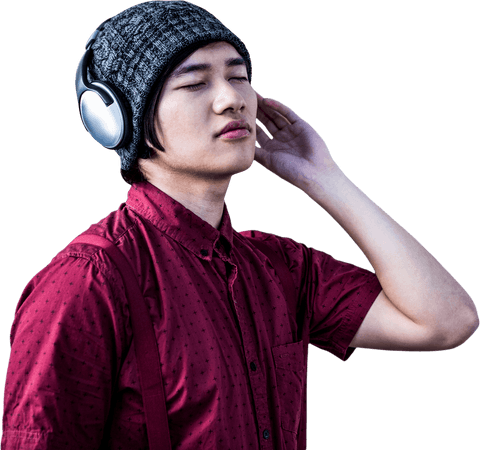 Young Man Enjoying Music with Transparent Background