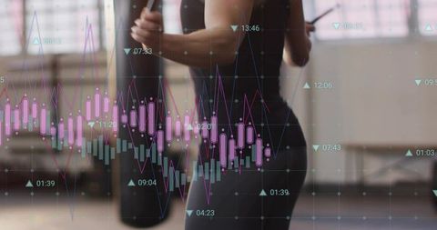 Mid-adult woman stretching in gym with fitness data overlay and workout analytics