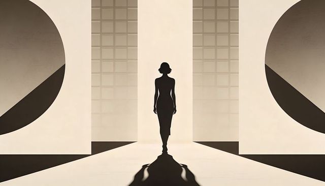 Silhouette Woman Walking Through Minimalist Architectural Portal Casting Dramatic Shadow