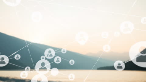 Digital Connection Icons Over Serene Natural Landscape