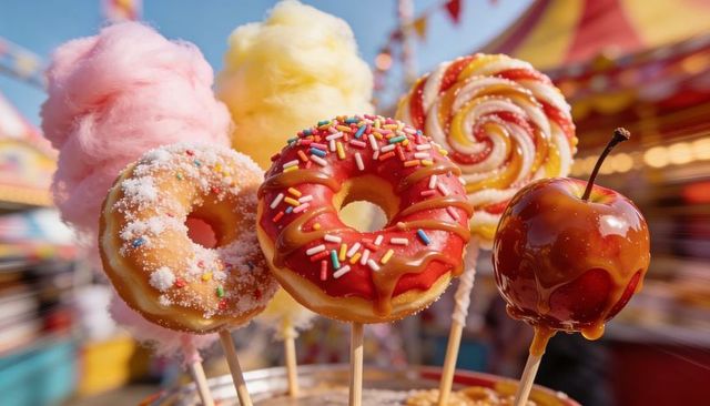 Displaying colorful carnival sweets on sticks with frosted donuts, lollipop and candy apple