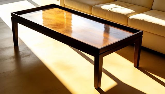 Minimalist rectangular wooden coffee table reflecting warm sunlight on polished surface