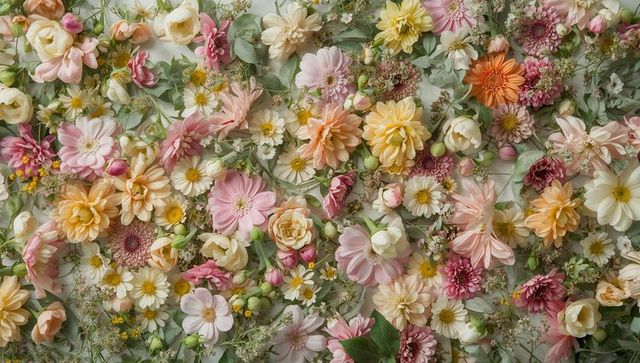 Pastel garden floral flatlay tapestry with roses, dahlias, daisies and eucalyptus blooms