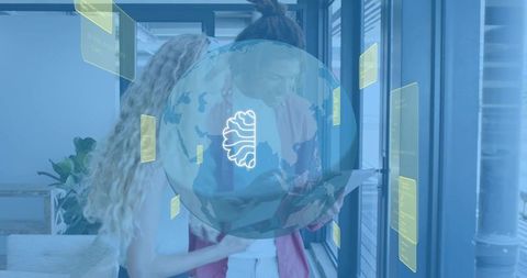 Colleagues collaborating over tablet with holographic brain globe and ar dashboards