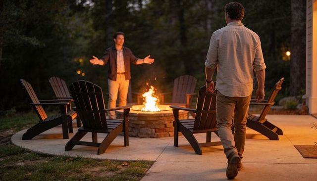 Walking man approaching stone fire pit on backyard patio at twilight
