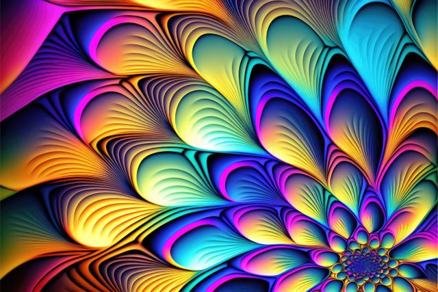 This artwork showcases a vibrant and dynamic abstract fractal pattern with bright colors. Ideal for use in digital art, background designs, modern art displays, and promotional materials requiring eye-catching and energetic visuals.
