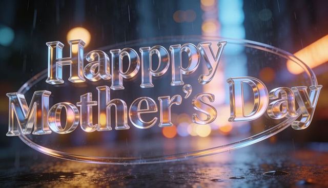 Crystal 3d happy mother's day neon lettering floating above rainy urban puddle at night