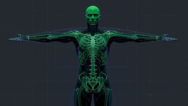 Futuristic Neon Green 3D Skeletal Model Extending Arms