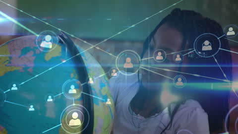 African American Girl Exploring Globe with Digital Connections Overlay