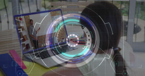 Child Engaged in Online Learning with Futuristic HUD Overlay