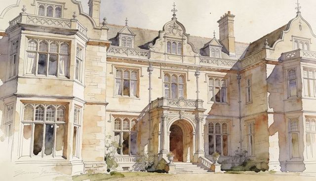 Sunlit georgian manor watercolor showing ornate arched portico and mullioned windows