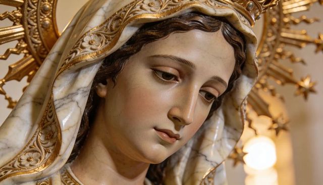 Depicting virgin mary sculpture with marble veil, gold embroidery and radiant halo close-up