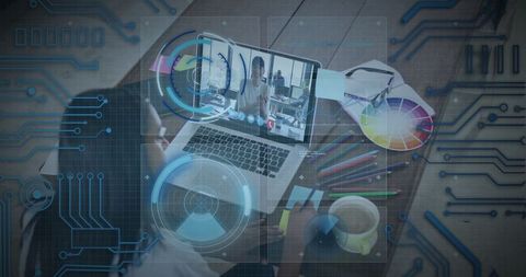 Woman Conducting Video Call at Home Office with Digital Technology Overlay