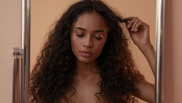 Soft-lit portrait of contemplative woman with curly hair, nose hoop and warm skin tones