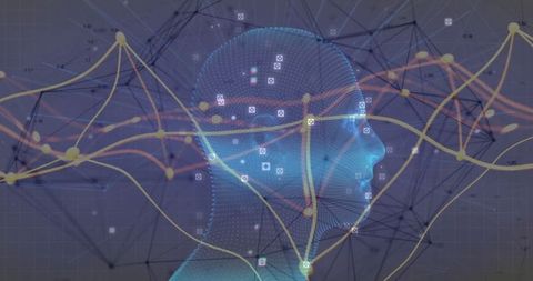 Futuristic mesh head with data nodes in digital network
