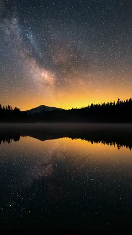 Milky Way rising over lake with golden horizon glow and mirror reflection vertical timelapse