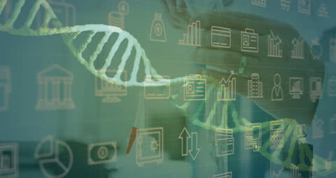 DNA Strand Overlay with Data Processing Icons in Laboratory