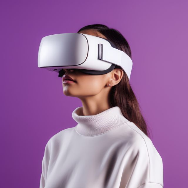 Young woman using virtual reality headset standing against purple background. Wearing a white sweater, she experiences immersive technology and innovative VR applications. Ideal for use in tech articles, consumer electronics promotion, virtual reality platforms, and futuristic lifestyle content.