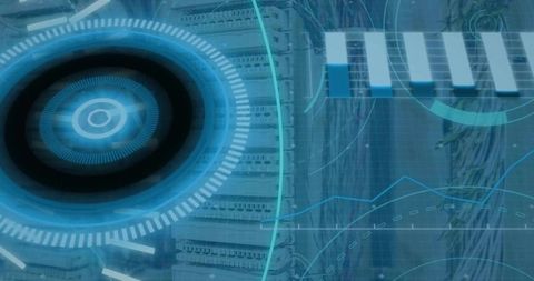 Circular HUD Overlay on Server Racks and Network Cables for Data Visualization