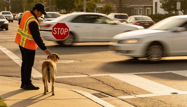 Crossing guard holding stop sign patting dog with cars moving through suburban crosswalk
