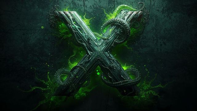 Futuristic neon green metallic x with sci-fi elements