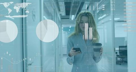 Businesswoman Utilizing Smartphone amidst Digital Data Interface