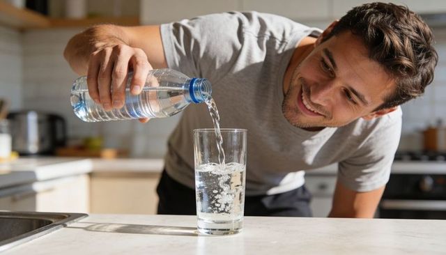 Smiling man pouring water from bottle into glass on kitchen counter, healthy hydration
