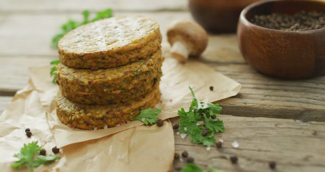 Vegan Mushroom Patties Stacked on Rustic Wooden Table - Download Free Stock Images Pikwizard.com