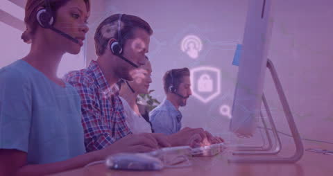 Customer Service Team in Office with Digital Technology Overlay