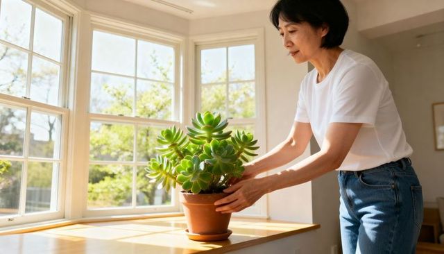 Woman arranging terracotta potted succulent on sunlit bay window sill for home decor