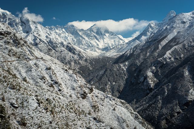 Majestic snowy peaks of the Himalayas under a clear sky, creating a mesmerizing winter landscape. Ideal for use in advertisements, travel brochures, nature documentaries, desktop wallpapers, and adventure-themed promotions.
