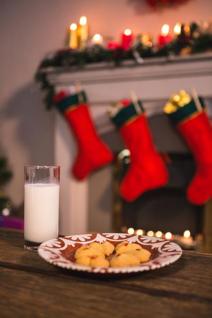 Christmas Cookies and Milk by Fireplace with Stockings - Download Free Stock Photos Pikwizard.com