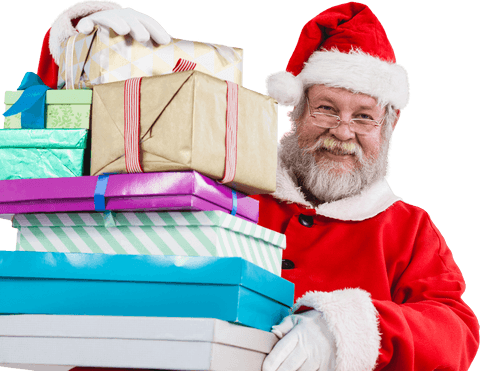 Transparent Santa Claus Holding Variety of Gift Boxes