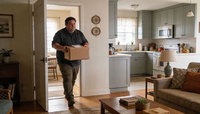 Carrying sealed box while entering cozy home living room from kitchen, moving day