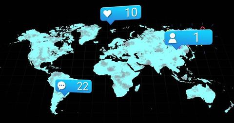 Global connectivity showing likes and interactions on digital world map