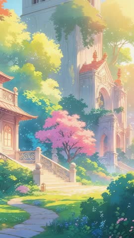 Sunlight shifting in enchanted courtyard highlighting pink tree and stone staircase