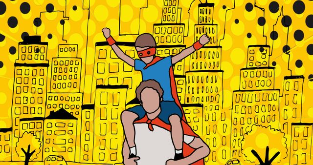 This lively and heartwarming illustration features a father joyfully carrying his son on his shoulders, both dressed in playful superhero costumes. The background showcases a comic book-styled, vibrant cityscape with predominantly yellow hues and black dots, adding to the cheerful and energetic theme. Perfect for themes related to family bonding, superhero fantasies, playful parenting, or vibrant illustrations for children’s content.