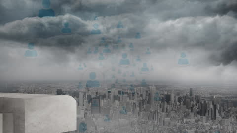 Digital Data Network Over Foggy Cityscape