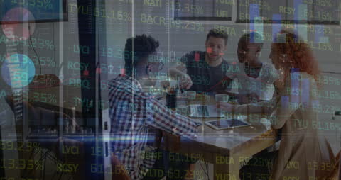 Diverse Team Discussing Financial Strategies with Digital Overlay