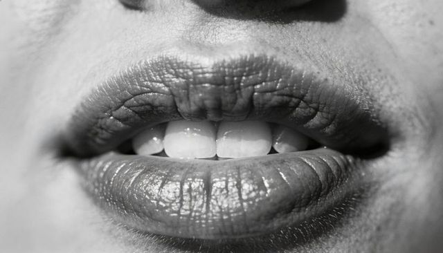 Monochrome macro glossy lips and teeth texture close-up for beauty and cosmetic concept