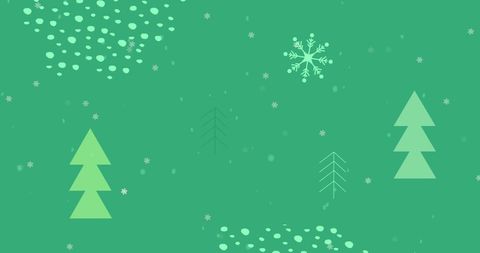 Green Festive Holiday Background with Abstract Snowflakes and Christmas Trees