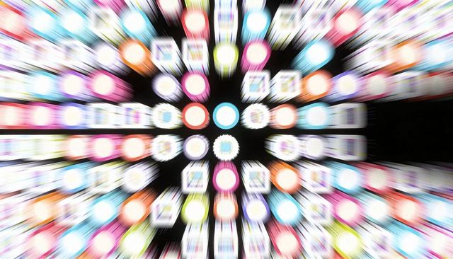 Radial neon app icons radiating motion blur energy on black tech display