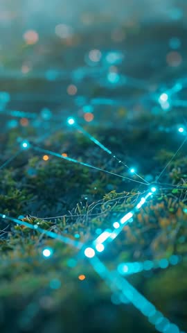 Vertical Video Panning Moss with Cyan Network Pulses and Orange Bokeh